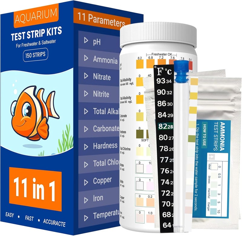 AKSBTEC Aquarium Test Kit, Aquarium Test, Accuracy & Fast Test pH, high Range pH, Ammonia, Nitrite, Nitrate, Hardness Temperature for Freshwater and Saltwater (AQ7IN1V2) (11 in 1 Aquarium Test Kit) - Image 1